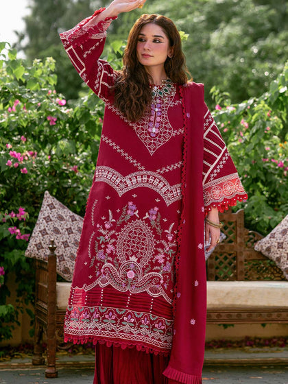 Buy Cherry Red Embroidered Pakistani Crushed Sharara kameez with Dupatta 2023