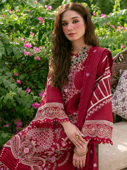 Buy Cherry Red Embroidered Pakistani Crushed Sharara kameez with Dupatta