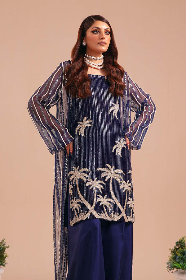 Buy Classic Blue Embroidered Pakistani Gown Style Long Kameez Trousers