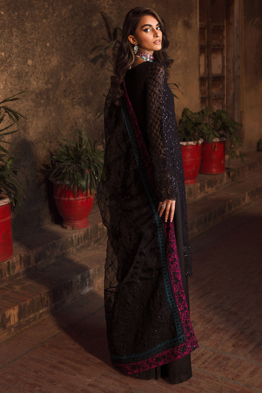 Buy Classic Dark Black Embroidered Chiffon Pakistani Salwar Kameez