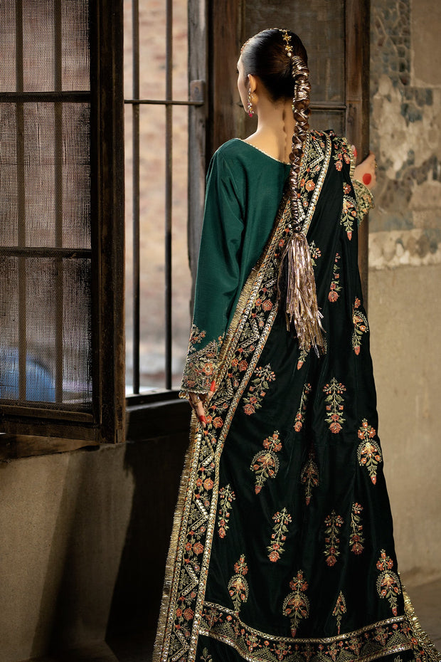 Buy Classic Dark Green Embroidered Pakistani Wedding Dress Shawl Frock