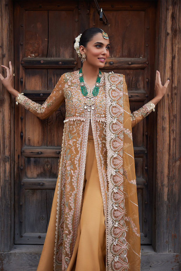 Buy Classic Gold Embellished Pakistani Wedding Dress in Gown Sharara Style