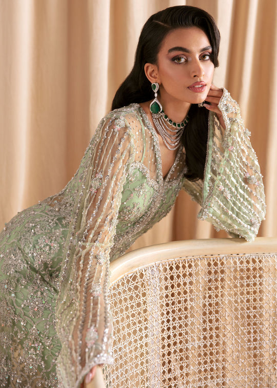 Buy Classic Mint Green Silver Embellished Gown Style Pakistani Wedding Dress