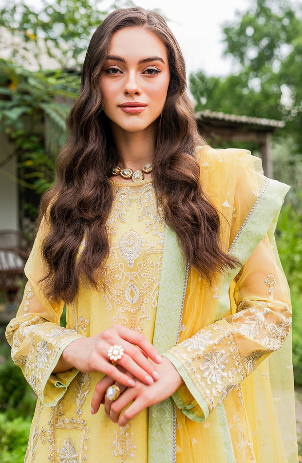 Classic Yellow Pakistani Salwar Kameez in Plazo Style Nameera by Farooq