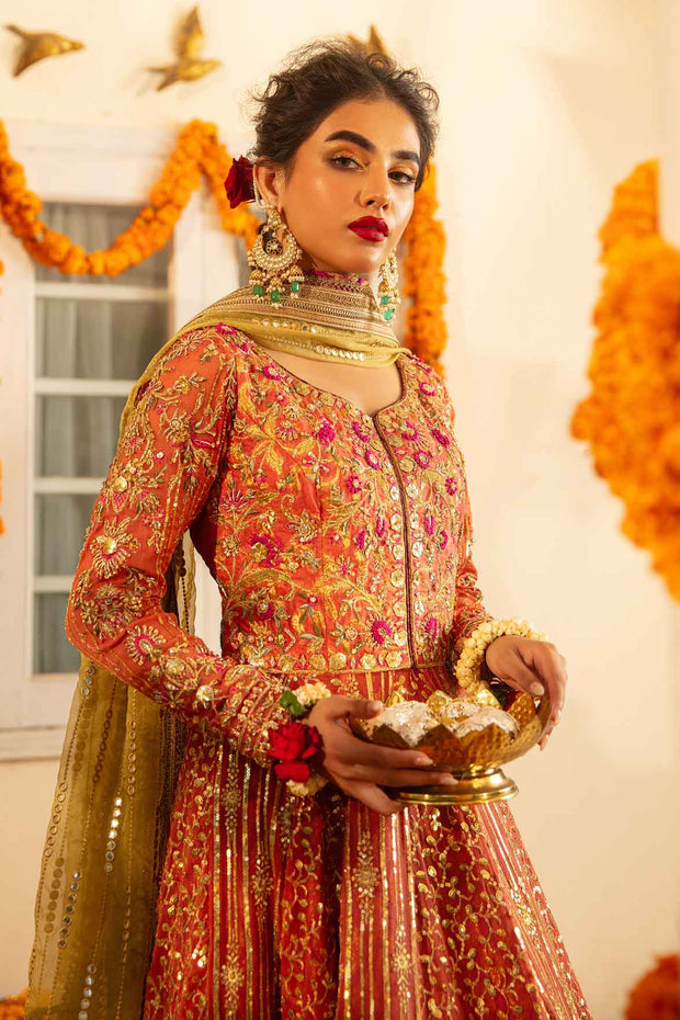 Buy Coral Pink Embroidered Pakistani Wedding Dress Pishwas Frock Style