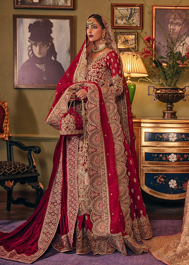 Buy Elegant Deep Red Heavily embellished Pakistani Bridal Dress Kameez Lehenga