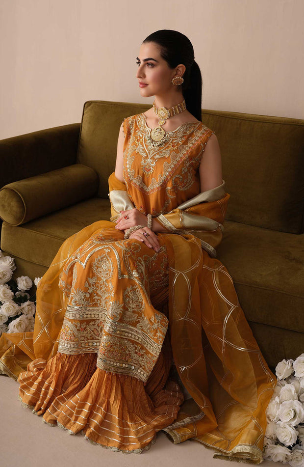 Buy Elegant Mustard Pakistani Embroidered Kameez Sharara Wedding Dress