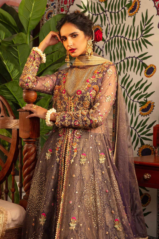 Buy Elegant Plum Embroidered Pakistani Wedding Dress Kalidar Pishwas