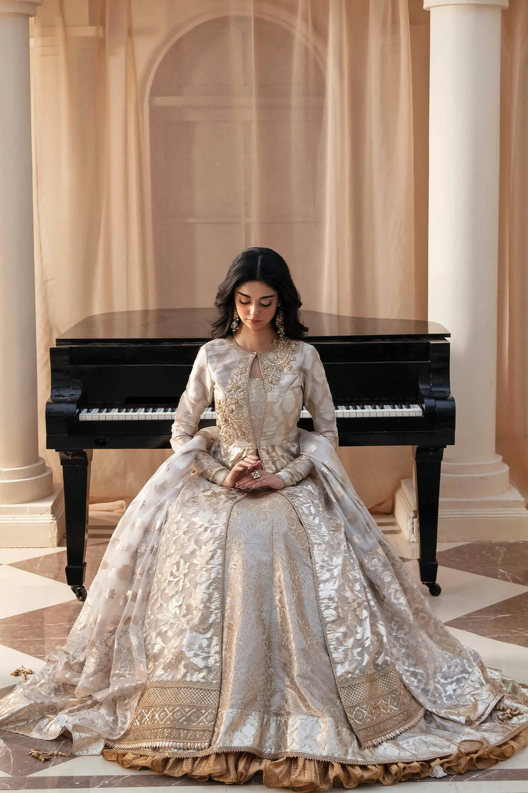 Elegant Rose Gold Pakistani Wedding Dress Gown Pishwas – Nameera by Farooq
