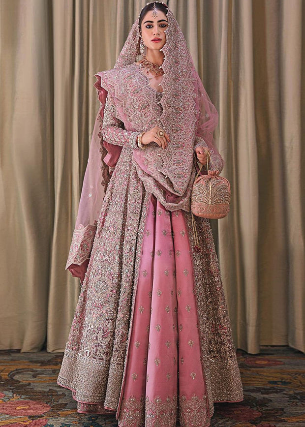 Buy Elegant Tea Pink Pakistani Bridal Dress Gown Pishwas in Lehenga Style
