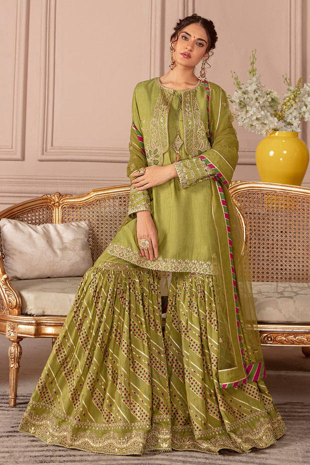 BuyEmbroidered Mehndi Green Pakistani Kurti Sharara Party Dress 2023