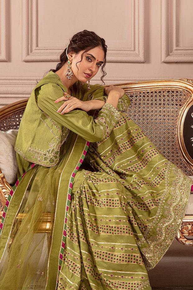 Buy Embroidered Mehndi Green Pakistani Kurti Sharara Party Dress