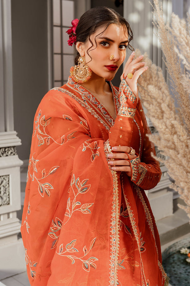 Buy Embroidered Orange Pakistani Long Frock with Dupatta Party Dress 2023