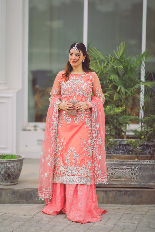 Buy Embroidered Pakistani Kameez Sharara in Carrot Pink Wedding Dress