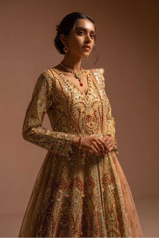 Buy Gold Embroidered Huge Flare Pakistani Pishwas Wedding Wear