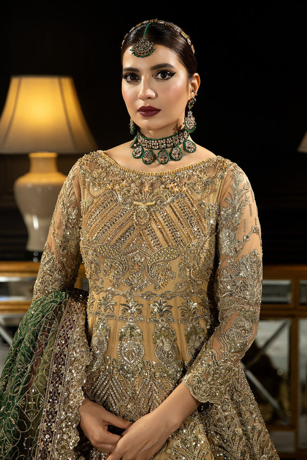 Buy Gold Shade Embroidered Pakistani Wedding Dress in Pishwas Frock Style