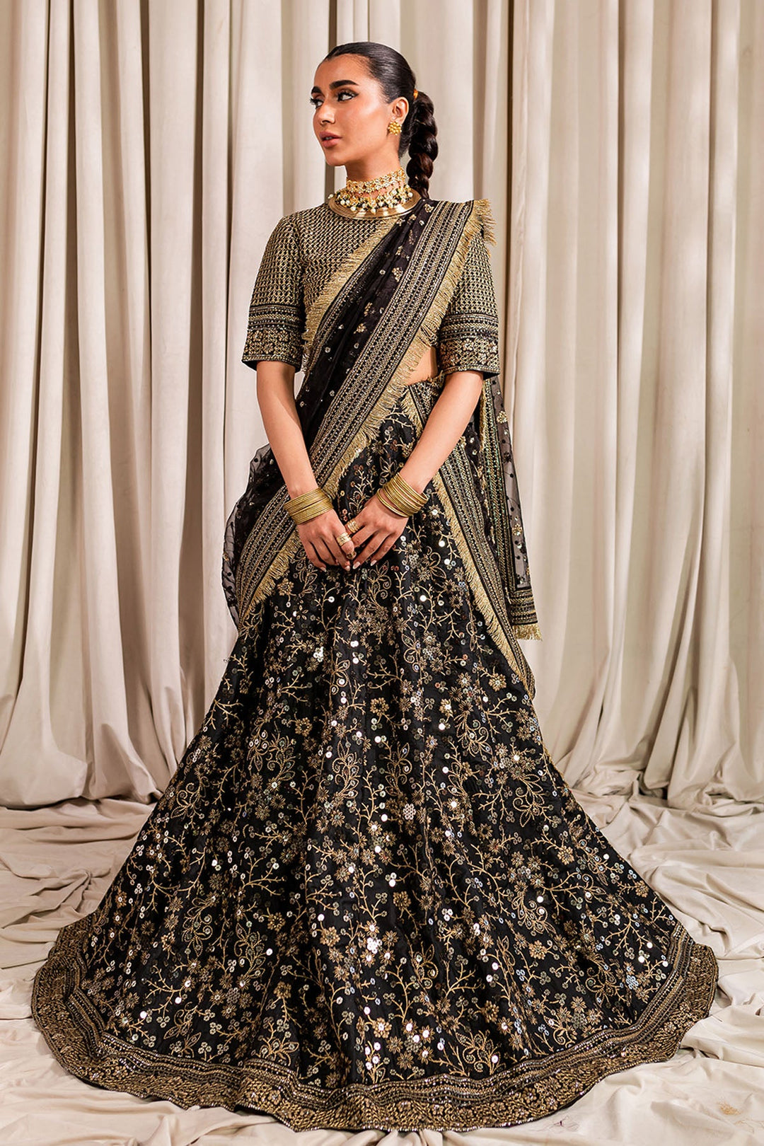 Buy Golden Black Embroidered Pakistani Lehenga Choli Wedding Dress 2023