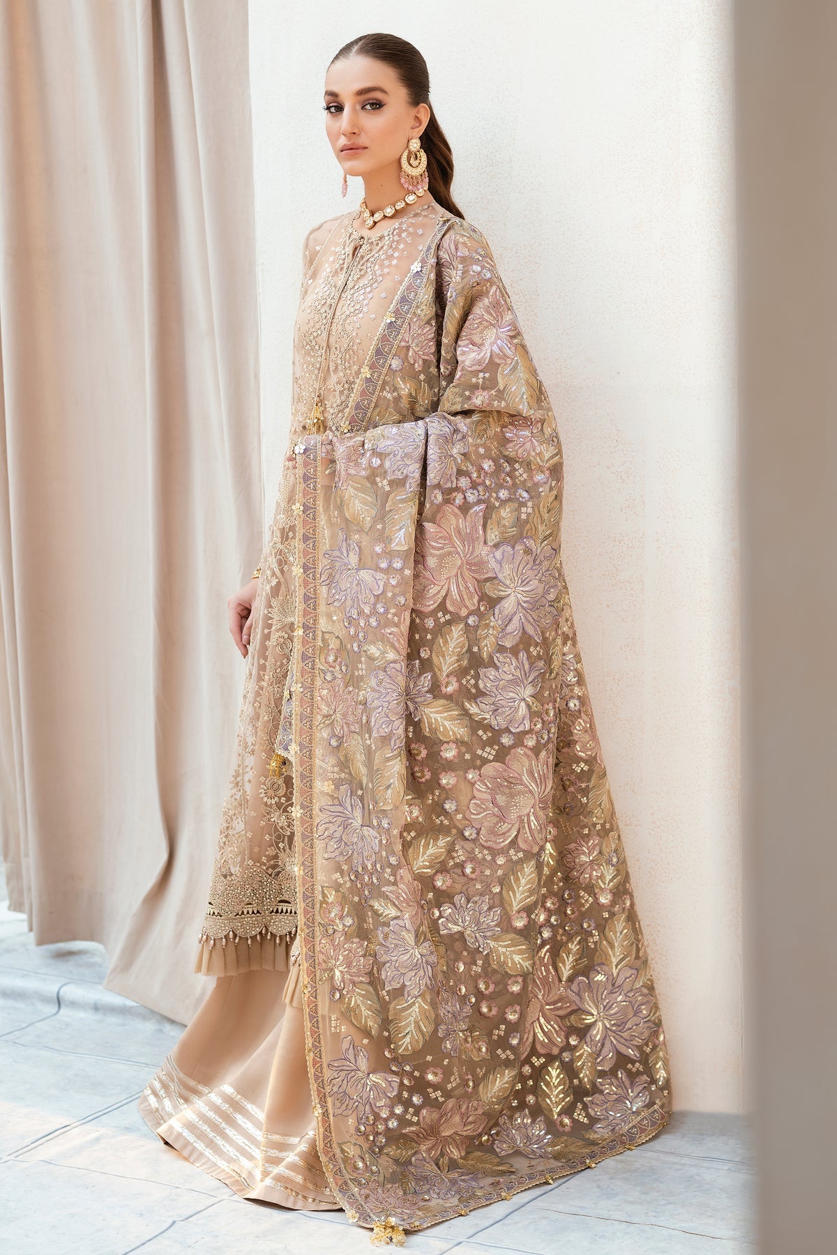 Peach Heavily Embroidered Long Pakistani Salwar Kameez Suit Dupatta