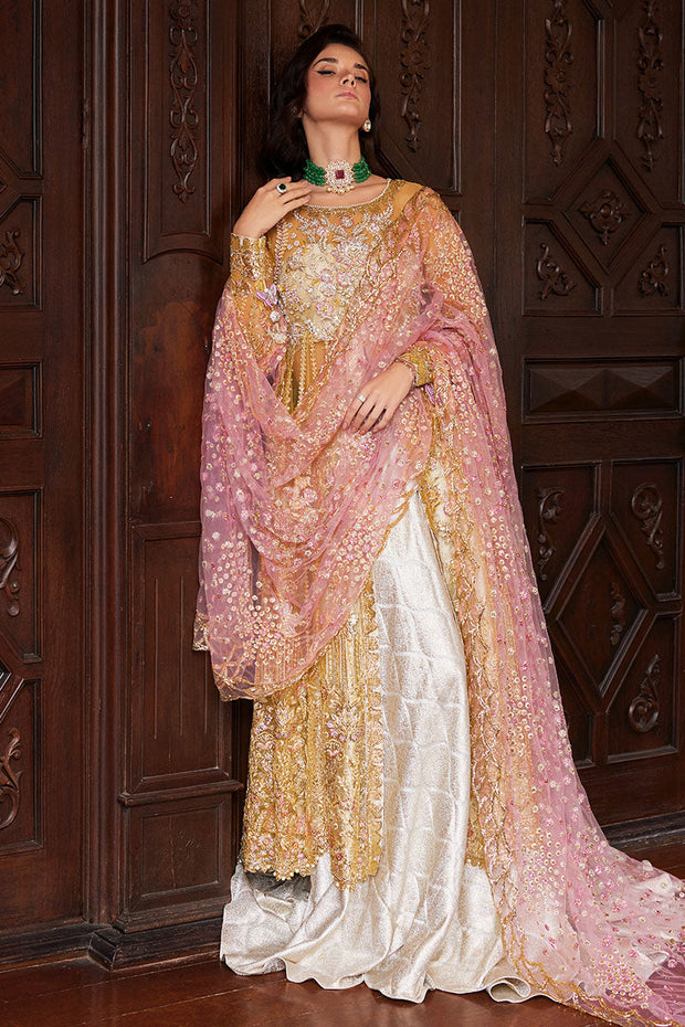 Buy Golden Yellow Embroidered Pakistani Wedding Dress Kameez Farshi Sharara 2023