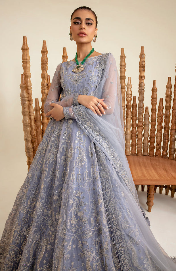 Buy Grey Blue Embroidered Pakistani Wedding Dress in Pishwas Frock Style