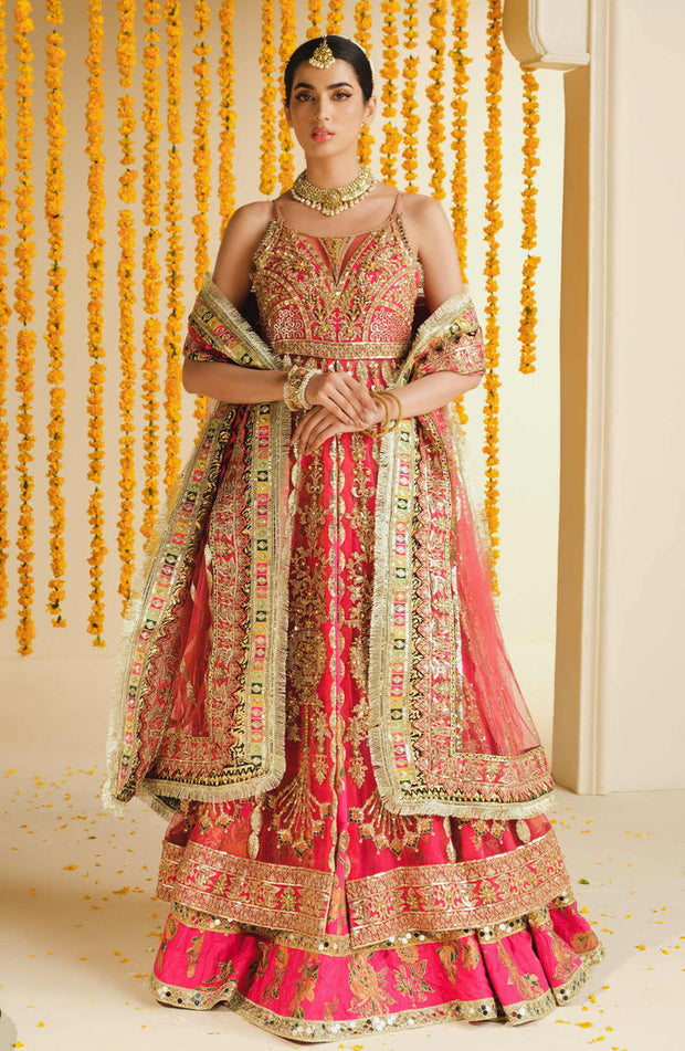 Buy Heavily Embellished Pink Double Layered Pishwas Pakistani Wedding Dress