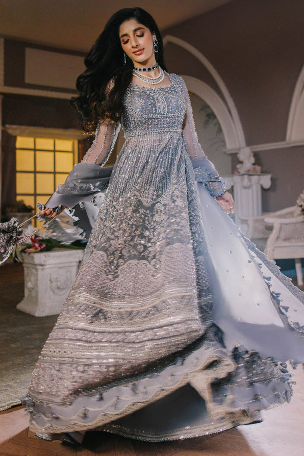 buy Ice Blue Embellished Pakistani Wedding Dress in Kalidar Pishwas Style