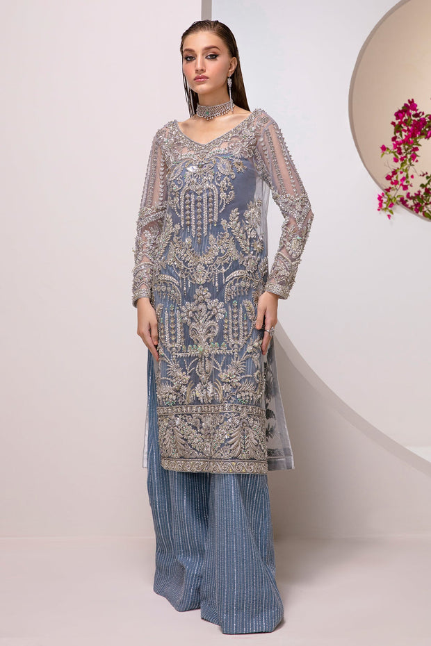 Buy Ice Blue Embroidered Pakistani Wedding Dress in Kameez Gaharara Style
