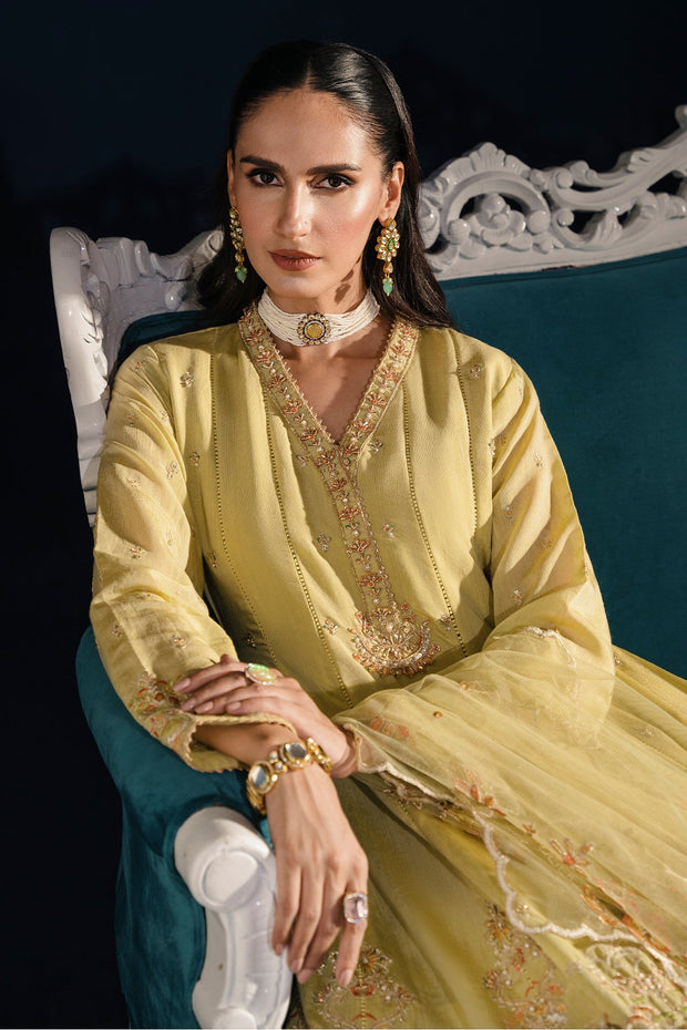 Buy Lemon Green Embroidered Pakistani Party Wear Frock Trousers Dupatta