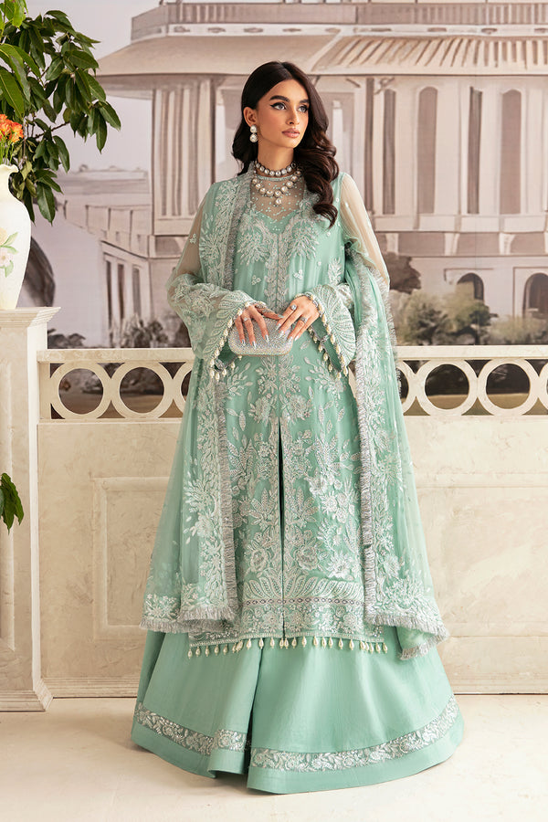 Buy Luxury Aqua Shade Pakistani Wedding Dress in Kameez Gharara Style