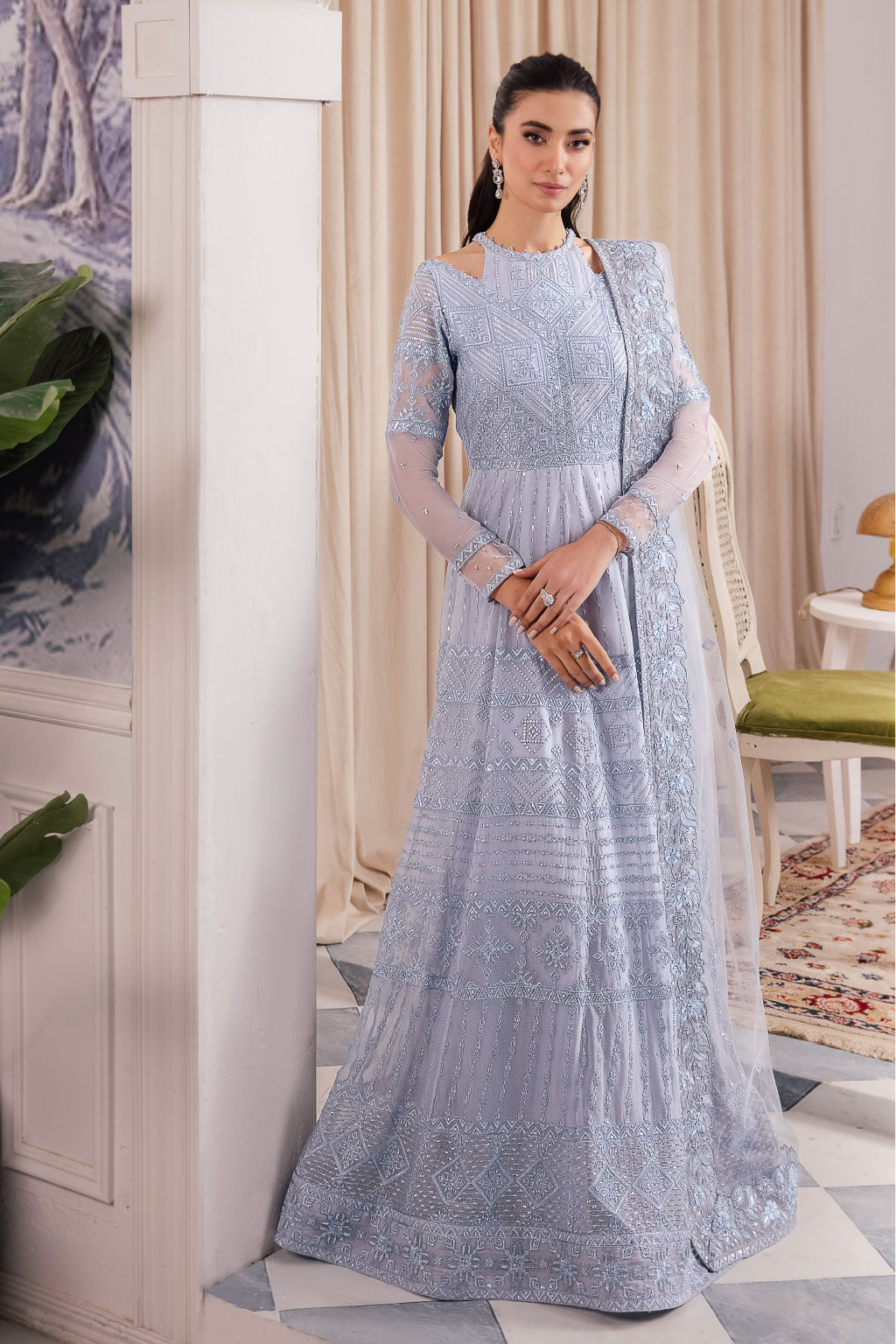Buy Luxury Grey Embroidered Pakistani Wedding Dress Long Pishwas Frock