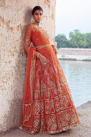 Buy Luxury Pakistani Wedding Dress in Lehenga Choli Style in Orange Shade