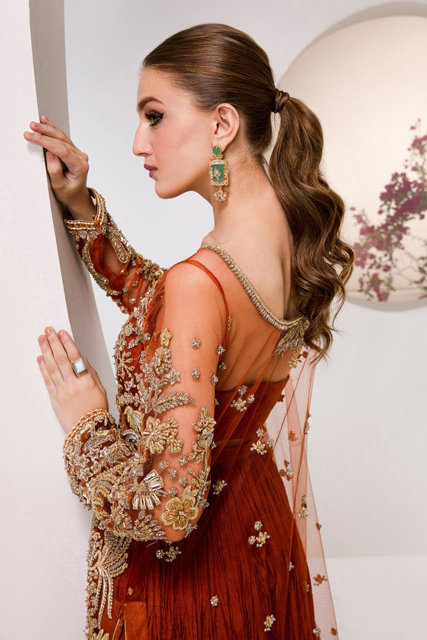 Buy Maroon Long Kameez Pakistani Wedding Dress in Crushed Sharara Style