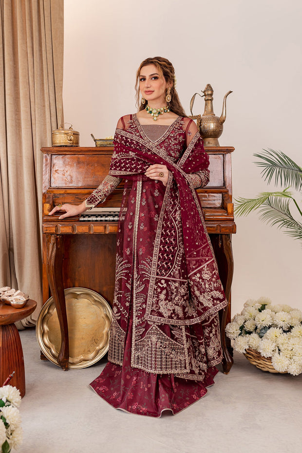 Buy Maroon Red Embroidered Pakistani Wedding Dress Long Frock Lehenga 2023