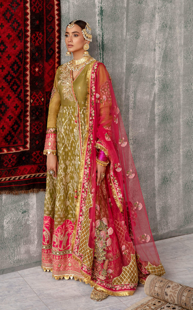 Buy Mehndi Green Embellished Pishwas Style Pakistani Wedding Dress