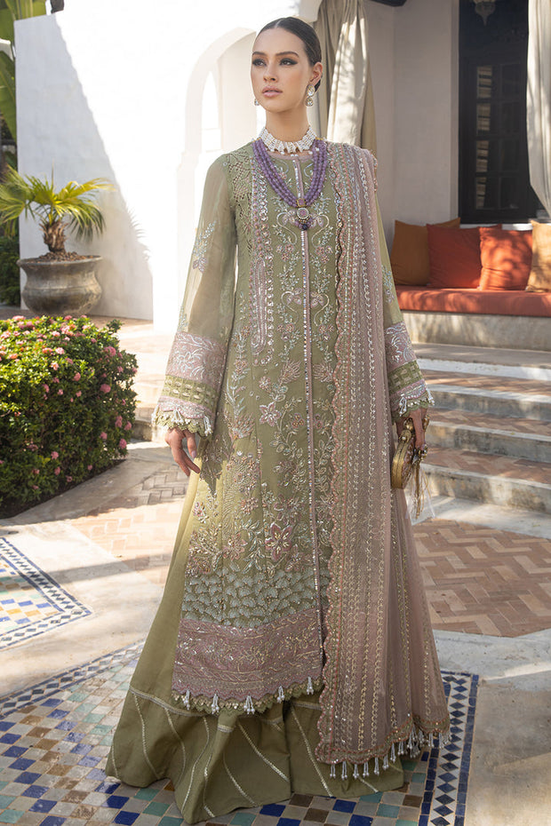 Buy Mendi Green Embellished Open shirt Sharara Pakistani Wedding Dress 2023
