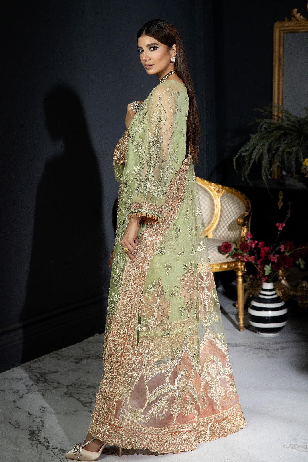 Buy Mint Green Embroidered Pakistani Wedding Dress in Kameez Trousers Style