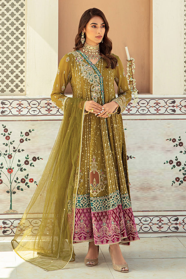 Buy Olive Green Embroidered Pakistani Wedding Dress Pishwas Frock Style