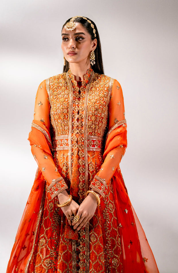 Buy Orange Embroidered Pakistani Wedding Dress in Gown Capri Shirt Style 2023