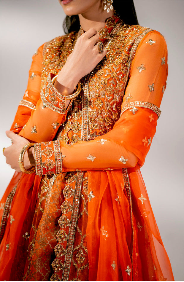 Buy Orange Embroidered Pakistani Wedding Dress in Gown Capri Shirt Style