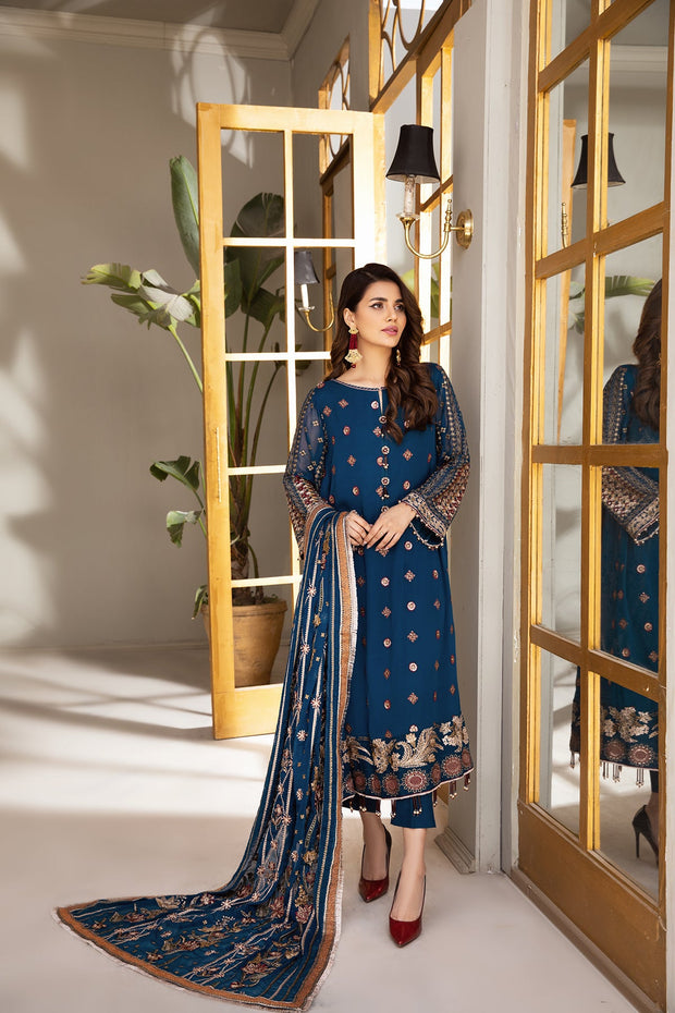 Buy Pakistani Embroidered Salwar Kameez Dupatta in Cobalt Blue Shade