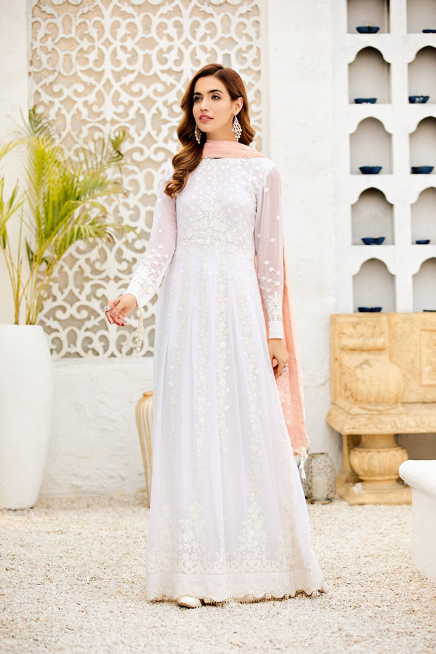 Buy Pearl White Pakistani Embroidered Long Frock with Peach Dupatta 2023