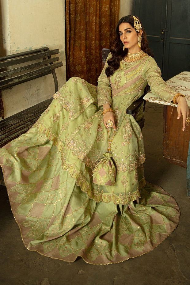 Buy Pistachio Green Pakistani Wedding Dress in Lehenga Frock Style