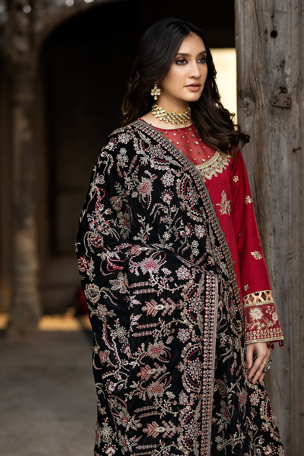 Red Luxury Velvet Black Shawl Pakistani Wedding Dress Nameera by Farooq