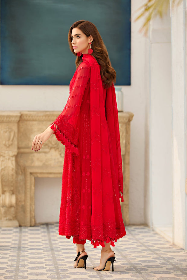 Buy Rose Red Embroidered Pakistani Long Frock with Dupatta Party Dress 2023