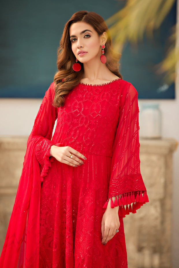 Buy Rose Red Embroidered Pakistani Long Frock with Dupatta Party Dress