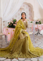 Buy Royal Mehndi Green Embroidered Pakistani Sharara Kameez in Crushed Style 2024