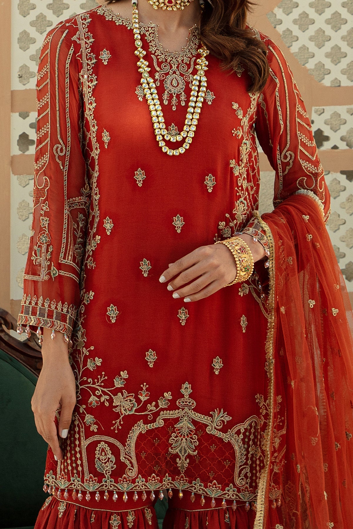 Rust Pakistani Wedding Dress in Kameez Gharara Style Nameera by Farooq