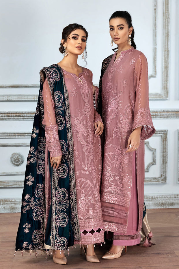 Buy Tea Pink Embroidered Pakistani Long Frock with Dupatta Party Wear 2023