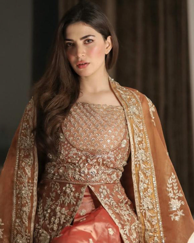 Buy Traditional Caramel Embroidered Pishwas Pakistani Wedding Dress