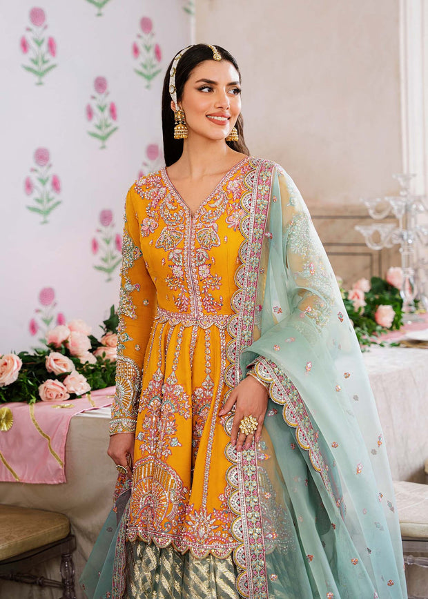 Buy Yellow Blue Contrast Embroidered Pakistani Party Wear Sharara Kameez 2024